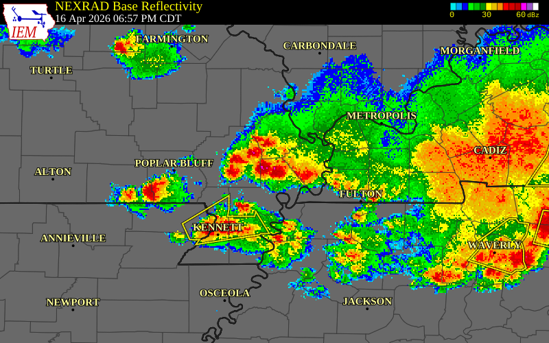 NEXRAD radar during the Thursday, April 16, 2026 storm activity in New Madrid County, Missouri