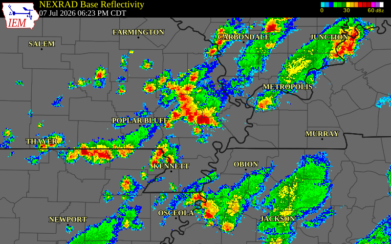 NEXRAD radar during the Tuesday, July 7, 2026 storm activity in New Madrid County, Missouri