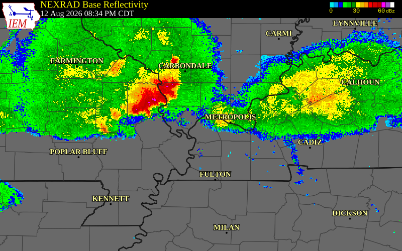 NEXRAD radar during the Wednesday, August 12, 2026 storm activity in New Madrid County, Missouri