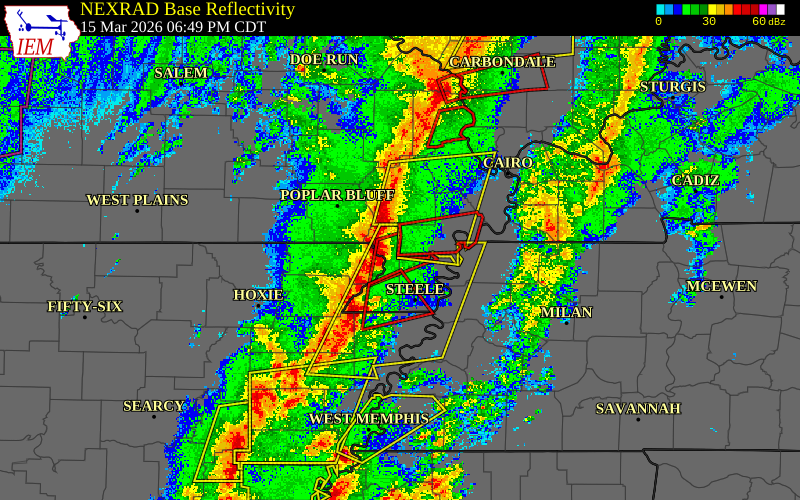 Radar snapshot during the Mar 15, 2026 tornado event near 3 W Gideon, New Madrid County, Missouri, with NWS warning polygons