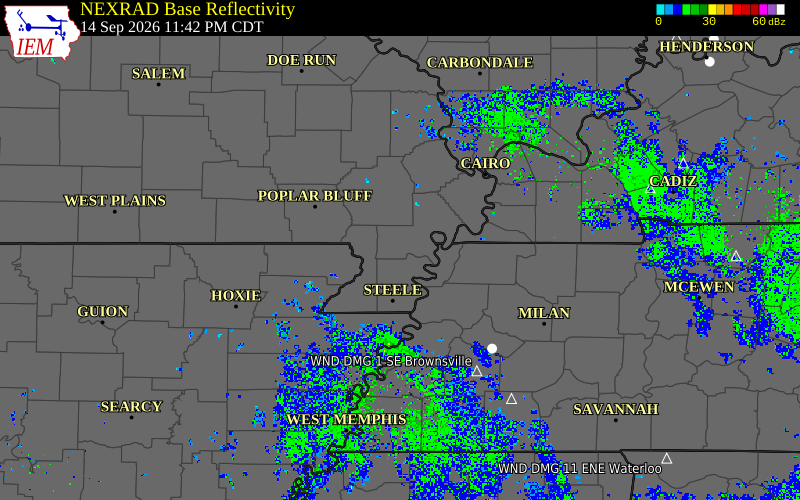 Current NEXRAD radar over New Madrid County, Missouri with recent storm report locations