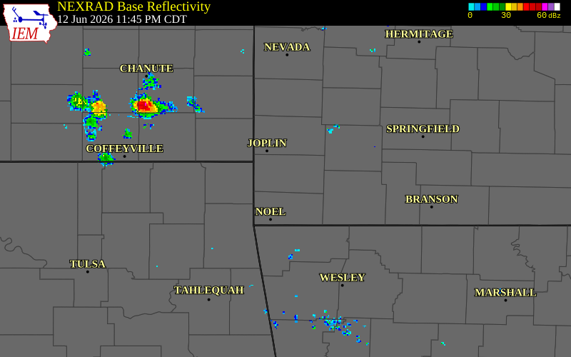 NEXRAD radar during the Friday, June 12, 2026 storm activity in Newton County, Missouri
