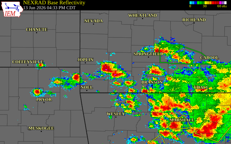 NEXRAD radar during the Saturday, June 13, 2026 storm activity in Newton County, Missouri