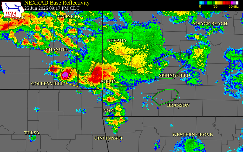 NEXRAD radar during the Thursday, June 25, 2026 storm activity in Newton County, Missouri