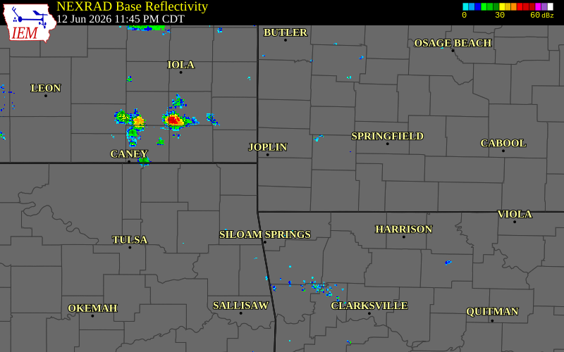 Radar snapshot during the Jun 12, 2026 wind event near Neosho, Newton County, Missouri, with NWS warning polygons
