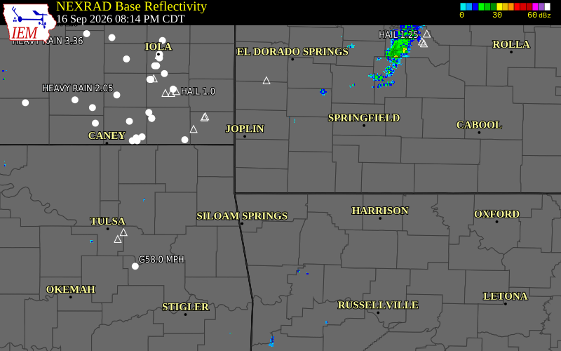 Current NEXRAD radar over Newton County, Missouri with recent storm report locations