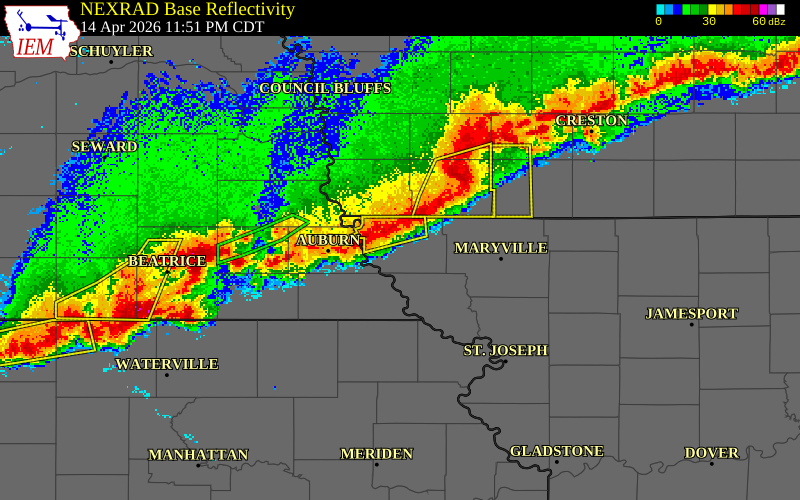NEXRAD radar during the Tuesday, April 14, 2026 storm activity in Nodaway County, Missouri