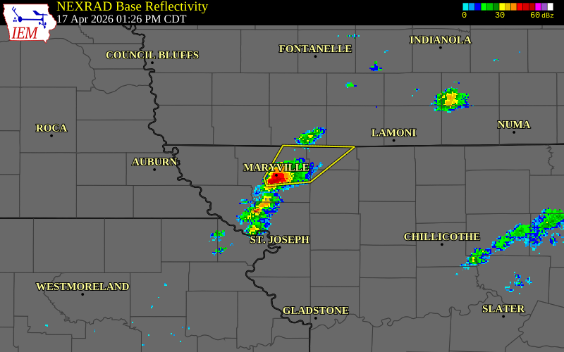 NEXRAD radar during the Friday, April 17, 2026 storm activity in Nodaway County, Missouri