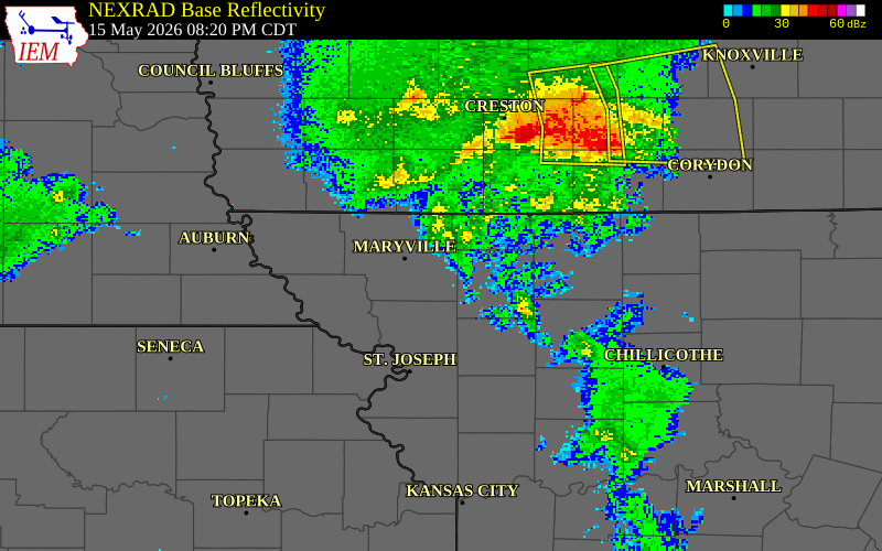 NEXRAD radar during the Friday, May 15, 2026 storm activity in Nodaway County, Missouri
