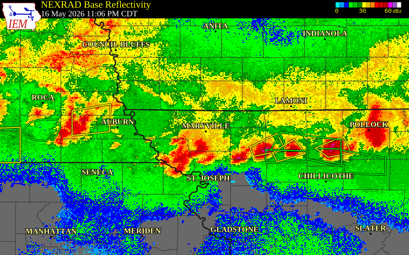NEXRAD radar during the Saturday, May 16, 2026 storm activity in Nodaway County, Missouri