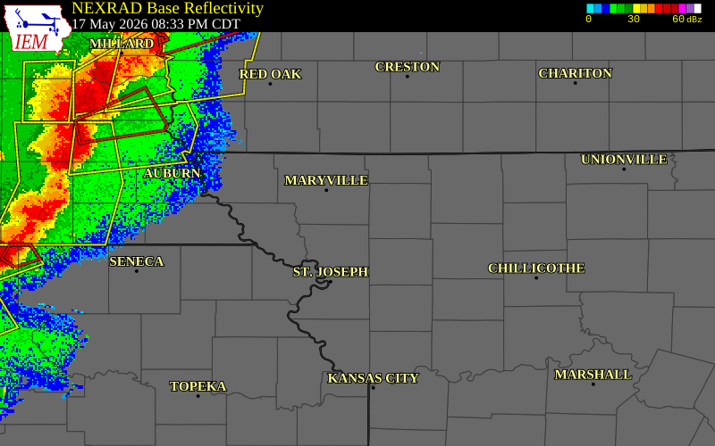 NEXRAD radar during the Sunday, May 17, 2026 storm activity in Nodaway County, Missouri