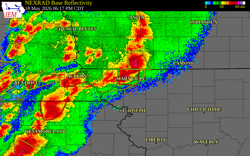 NEXRAD radar during the Monday, May 18, 2026 storm activity in Nodaway County, Missouri