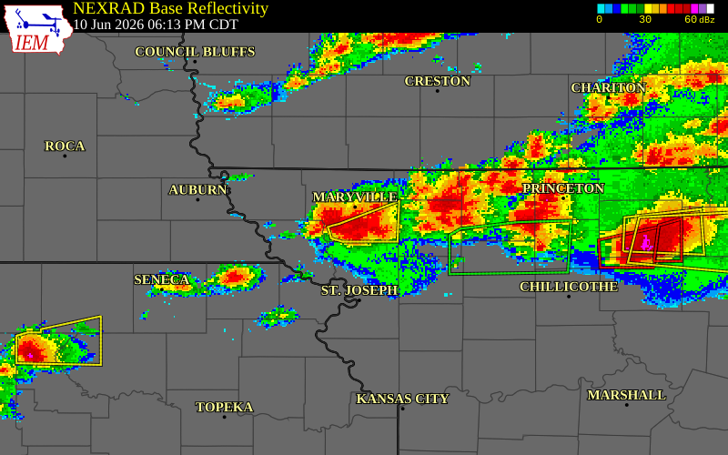 NEXRAD radar during the Wednesday, June 10, 2026 storm activity in Nodaway County, Missouri