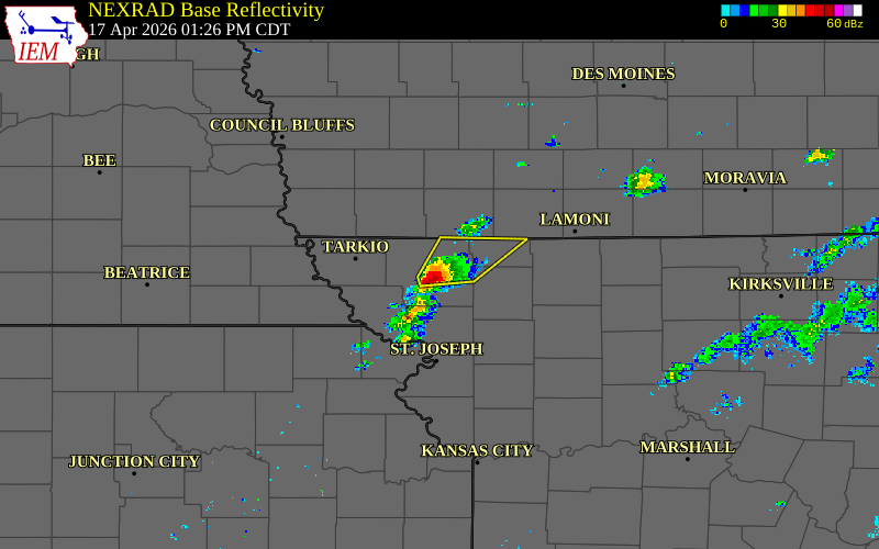 Radar snapshot during the Apr 17, 2026 hail event near 2 E Maryville, Nodaway County, Missouri, with NWS warning polygons