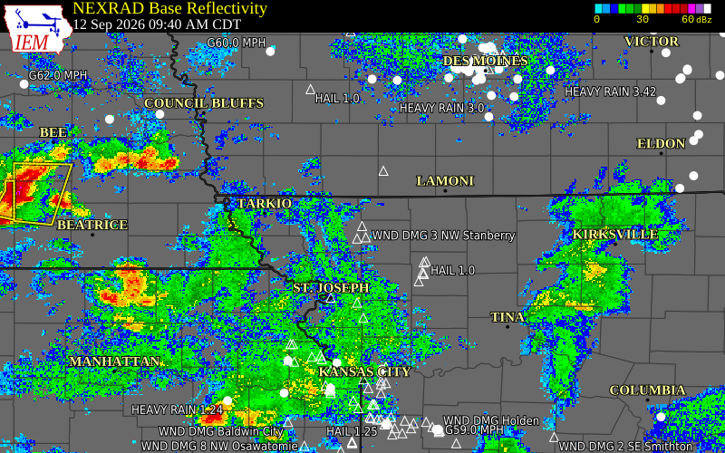 Current NEXRAD radar over Nodaway County, Missouri with recent storm report locations