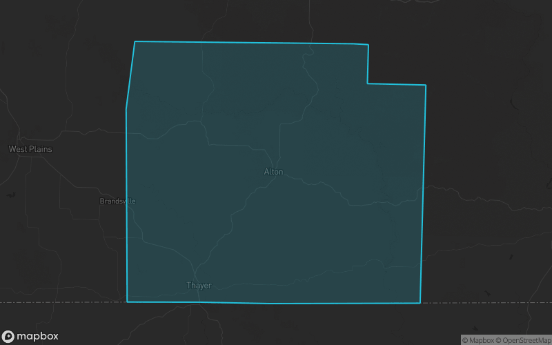 Map of Oregon County, Missouri showing the county boundary and surrounding cities