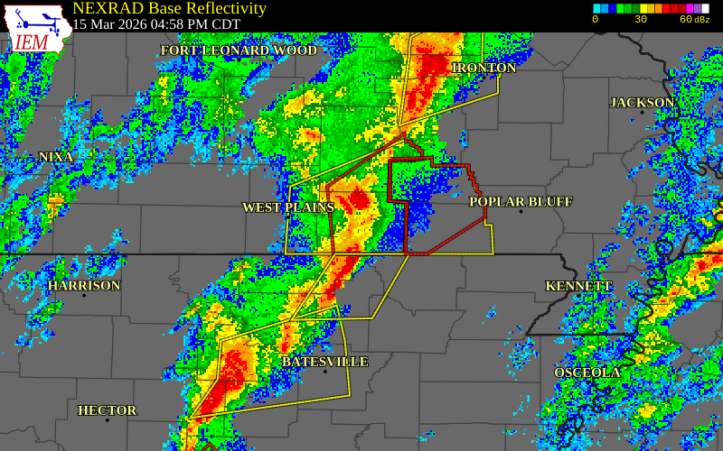 NEXRAD radar during the Sunday, March 15, 2026 storm activity in Oregon County, Missouri