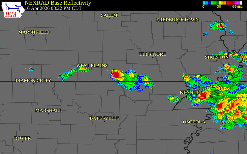 NEXRAD radar during the Thursday, April 16, 2026 storm activity in Oregon County, Missouri