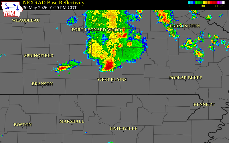 NEXRAD radar during the Saturday, May 30, 2026 storm activity in Oregon County, Missouri