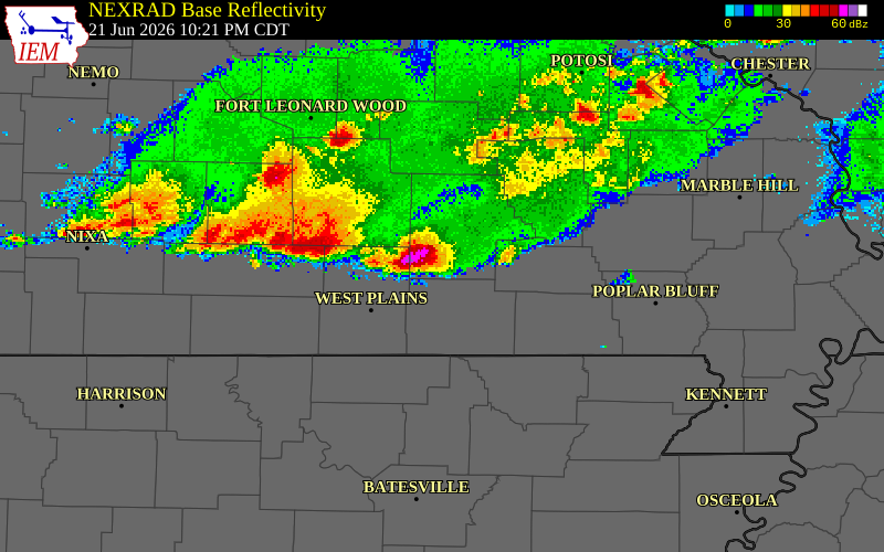 NEXRAD radar during the Sunday, June 21, 2026 storm activity in Oregon County, Missouri