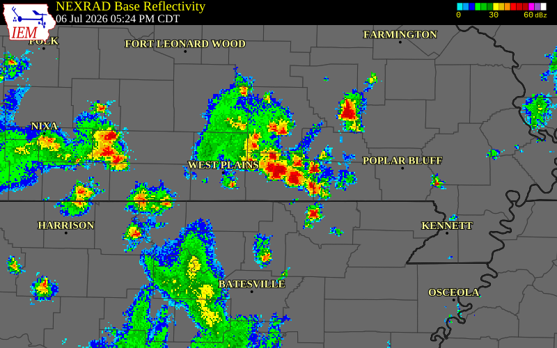 NEXRAD radar during the Monday, July 6, 2026 storm activity in Oregon County, Missouri