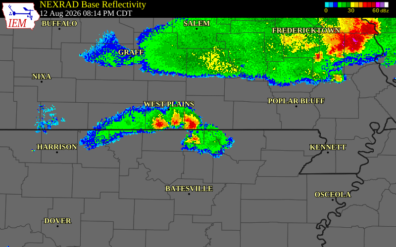 NEXRAD radar during the Wednesday, August 12, 2026 storm activity in Oregon County, Missouri