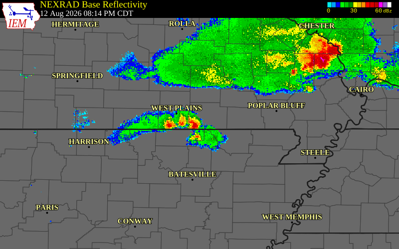 Radar snapshot during the Aug 12, 2026 wind event near Oregon County, Oregon County, Missouri, with NWS warning polygons