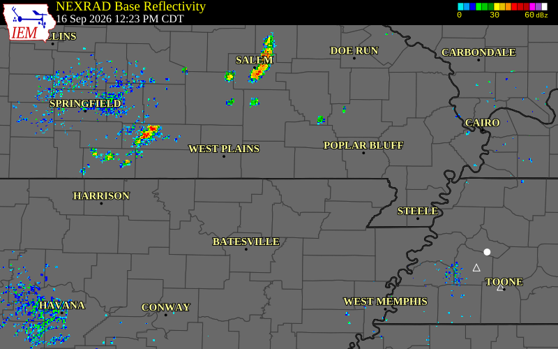 Current NEXRAD radar over Oregon County, Missouri with recent storm report locations
