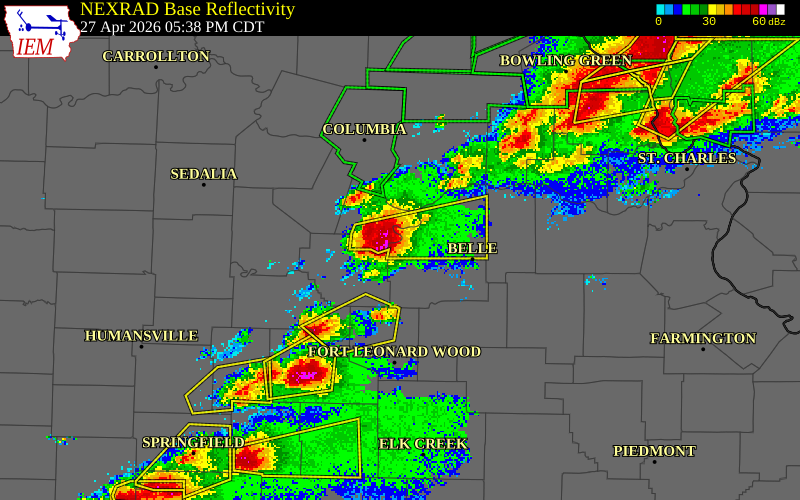 NEXRAD radar during the Monday, April 27, 2026 storm activity in Osage County, Missouri
