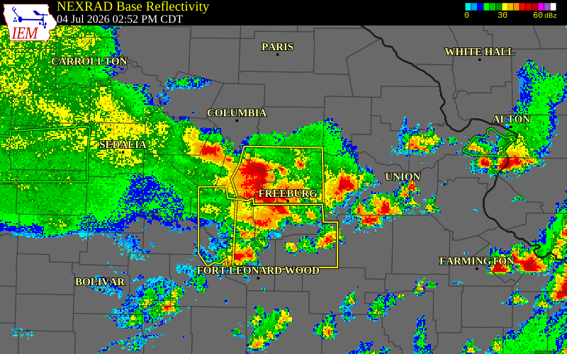 NEXRAD radar during the Saturday, July 4, 2026 storm activity in Osage County, Missouri