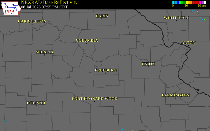 NEXRAD radar during the Wednesday, July 8, 2026 storm activity in Osage County, Missouri
