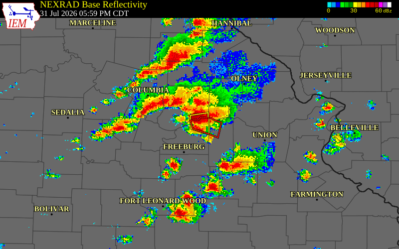 NEXRAD radar during the Friday, July 31, 2026 storm activity in Osage County, Missouri
