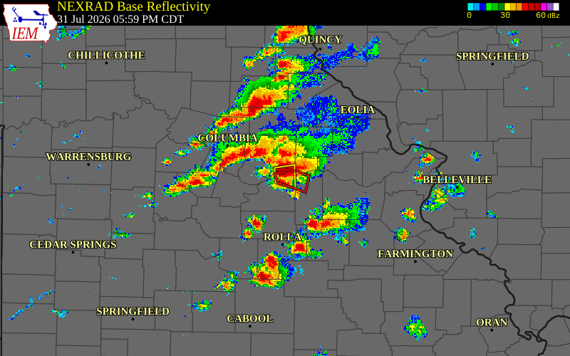 Radar snapshot during the Jul 31, 2026 tornado event near 4 SSE Chamois, Osage County, Missouri, with NWS warning polygons