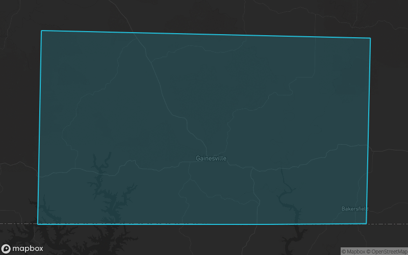 Map of Ozark County, Missouri showing the county boundary and surrounding cities