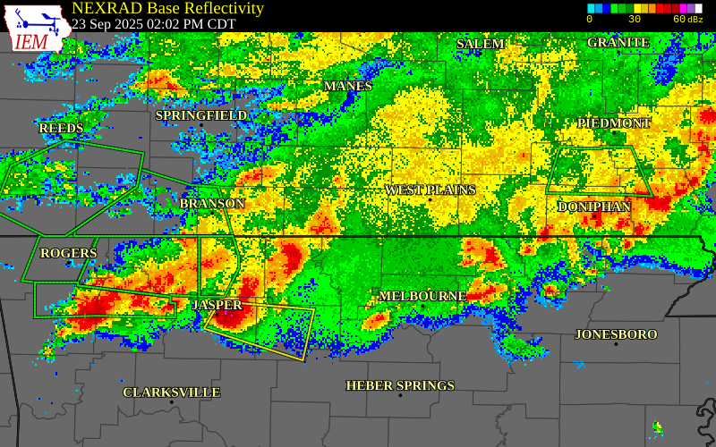 NEXRAD radar during the Tuesday, September 23, 2025 storm activity in Ozark County, Missouri
