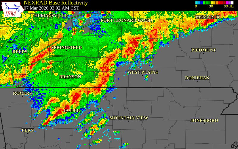 NEXRAD radar during the Saturday, March 7, 2026 storm activity in Ozark County, Missouri