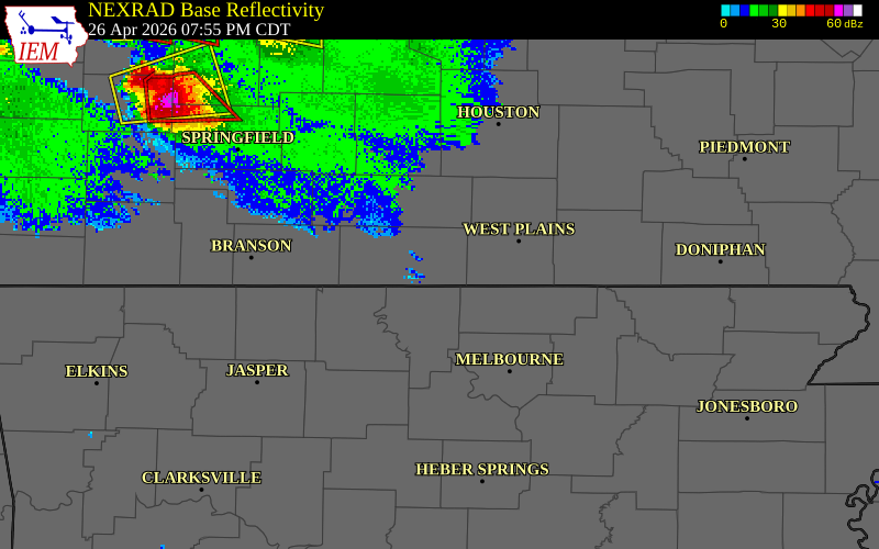 NEXRAD radar during the Sunday, April 26, 2026 storm activity in Ozark County, Missouri