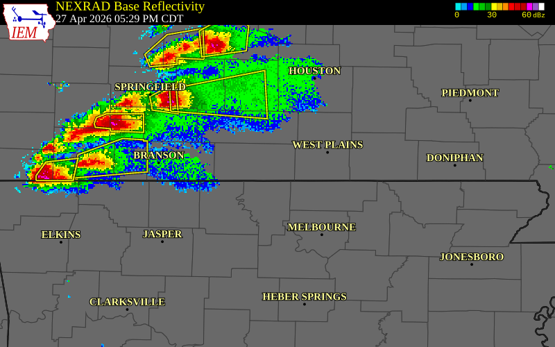 NEXRAD radar during the Monday, April 27, 2026 storm activity in Ozark County, Missouri