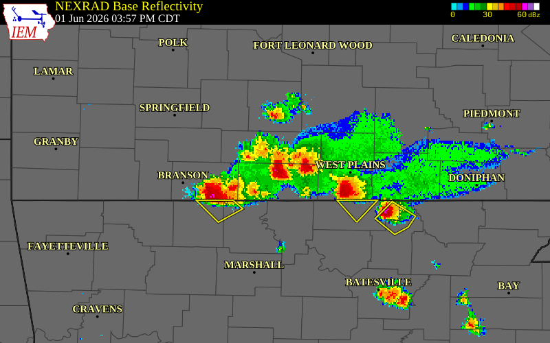 NEXRAD radar during the Monday, June 1, 2026 storm activity in Ozark County, Missouri
