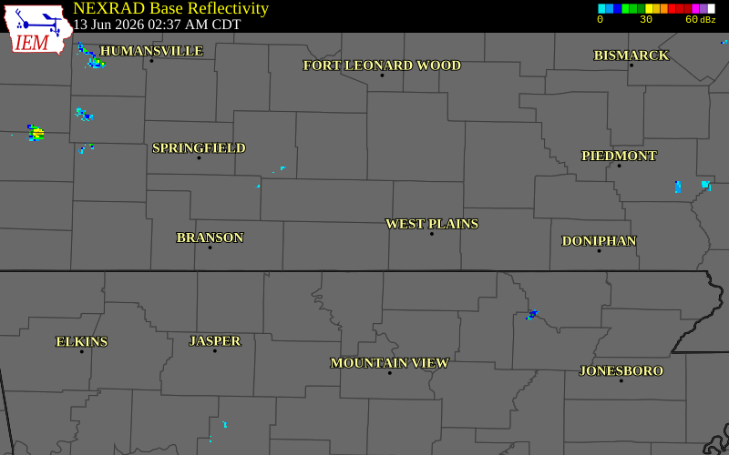 NEXRAD radar during the Saturday, June 13, 2026 storm activity in Ozark County, Missouri