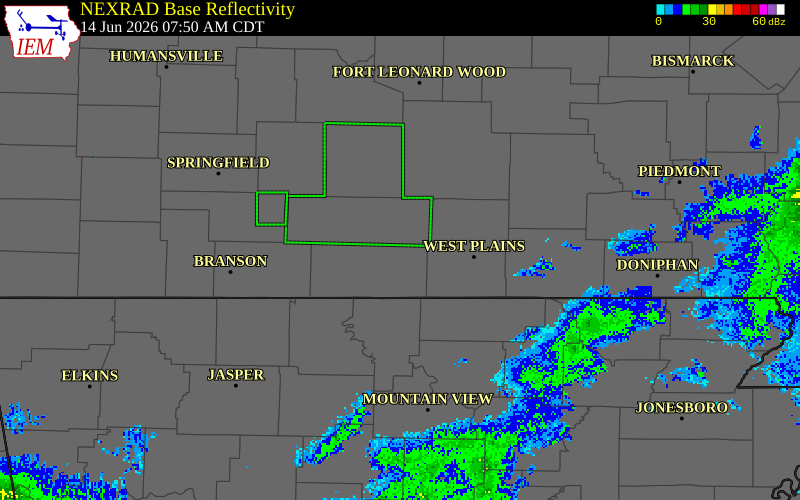 NEXRAD radar during the Sunday, June 14, 2026 storm activity in Ozark County, Missouri