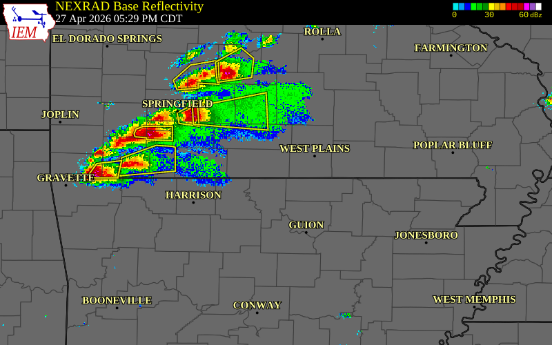 Radar snapshot during the Apr 27, 2026 hail event near 1 NNW Udall, Ozark County, Missouri, with NWS warning polygons