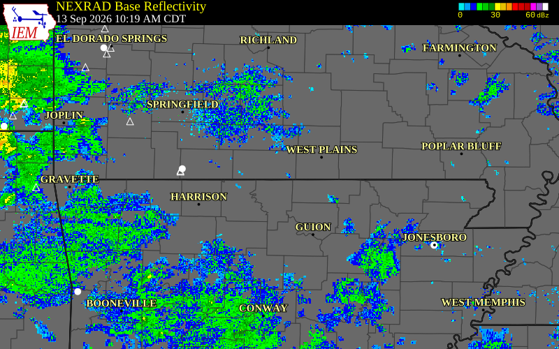 Current NEXRAD radar over Ozark County, Missouri with recent storm report locations