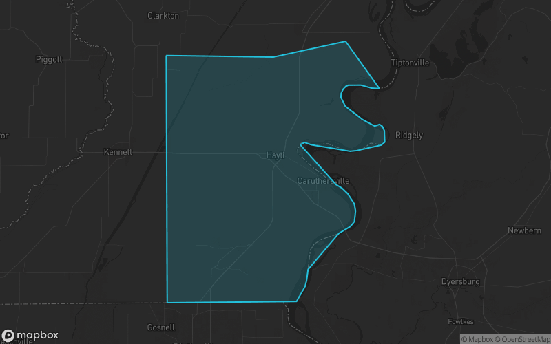 Map of Pemiscot County, Missouri showing the county boundary and surrounding cities