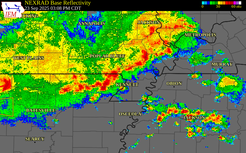 NEXRAD radar during the Tuesday, September 23, 2025 storm activity in Pemiscot County, Missouri