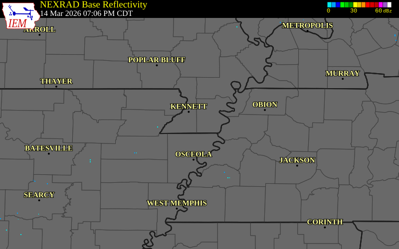 NEXRAD radar during the Saturday, March 14, 2026 storm activity in Pemiscot County, Missouri
