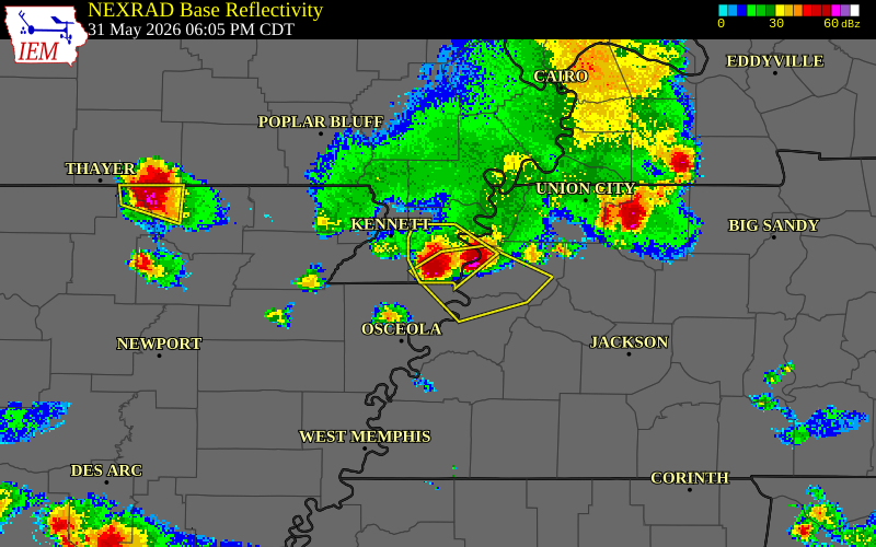 NEXRAD radar during the Sunday, May 31, 2026 storm activity in Pemiscot County, Missouri