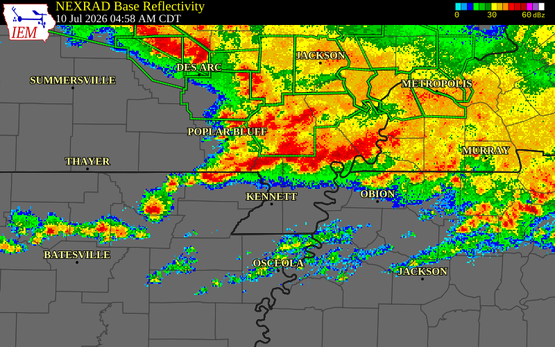 NEXRAD radar during the Friday, July 10, 2026 storm activity in Pemiscot County, Missouri