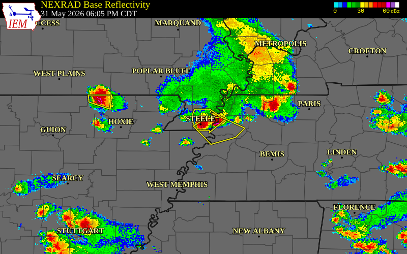 Radar snapshot during the May 31, 2026 hail event near Cooter, Pemiscot County, Missouri, with NWS warning polygons