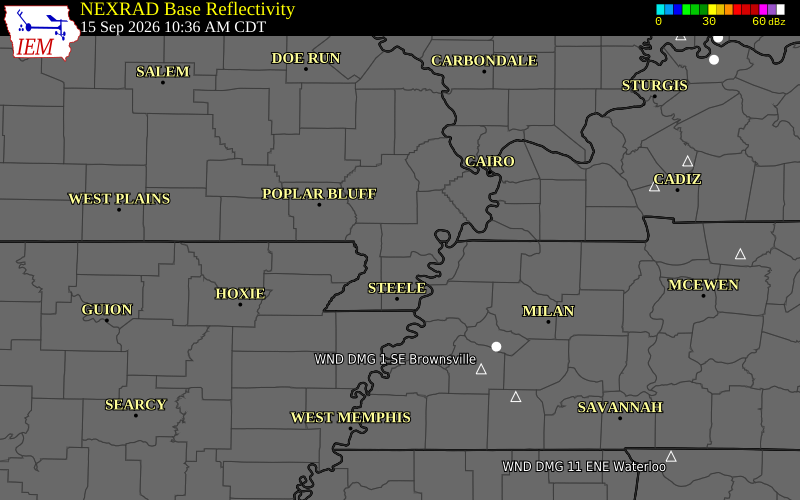 Current NEXRAD radar over Pemiscot County, Missouri with recent storm report locations